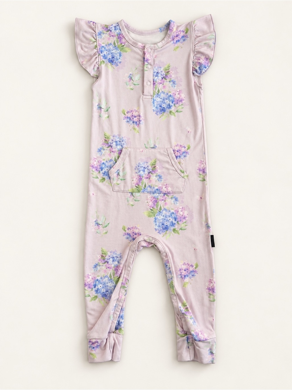 Belan J Floral Flutter-Sleeve Footie Romper in hydrangea print- bamboo